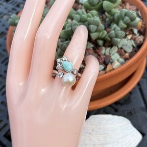Sterling Silver Genuine Larimar & 9.5mm Pearl & White Topaz Bypass Ring Size 8